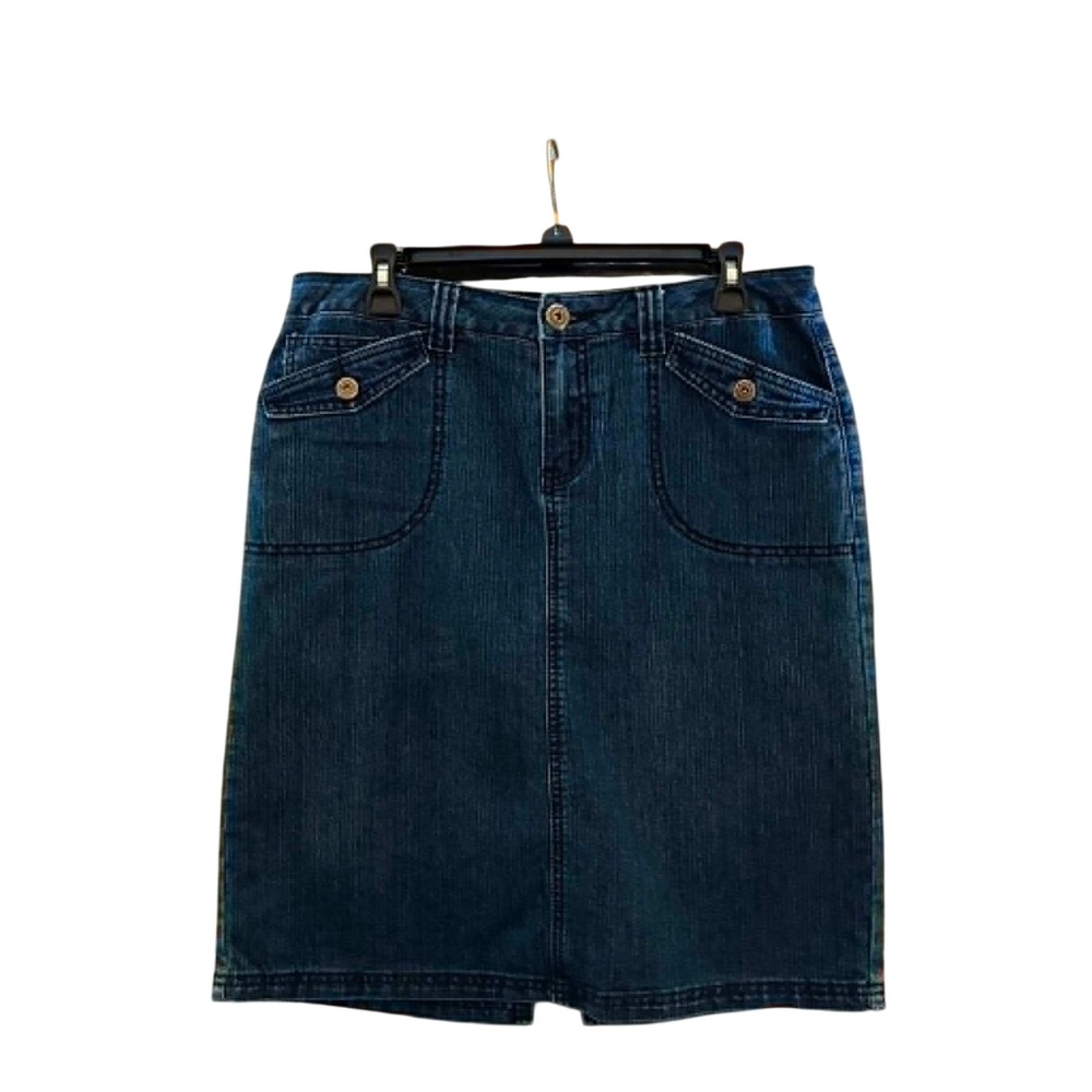 Willi Smith Denim Skirt Womens 8 Blue Midi Flap Pockets Slit Stretch Y2K